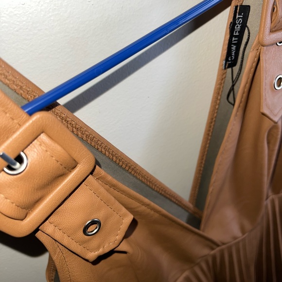 Camel Faux Leather Buckle Detail Pleated Dress - Picture 5 of 6